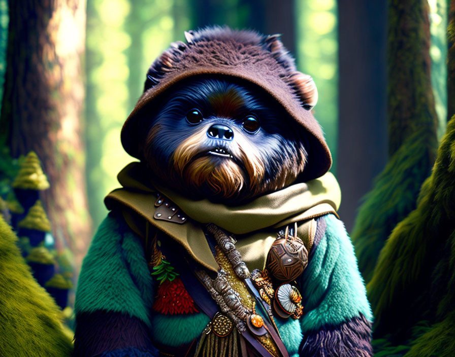 Wookiee in hooded cloak standing in forest with sunlight.