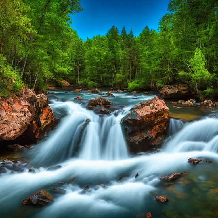 Tranquil waterfall in lush forest with green foliage and blue sky