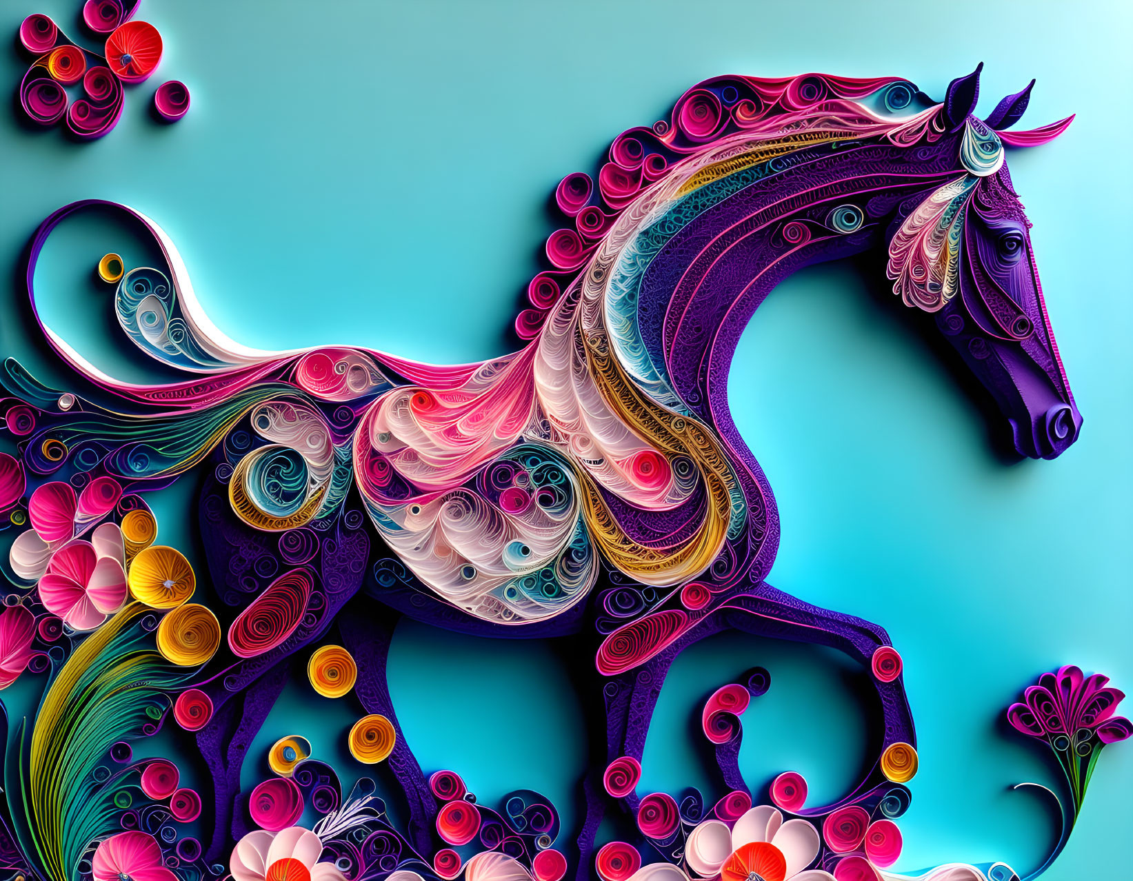 Vibrant horse illustration with intricate quilled paper designs