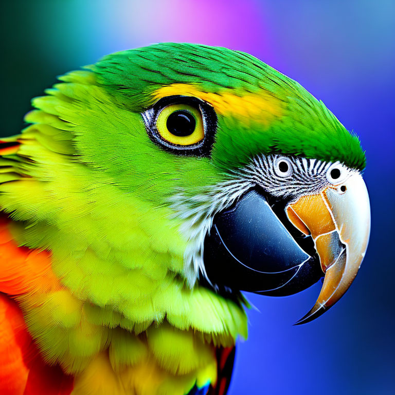 Colorful Parrot Close-Up with Green Feathers, Yellow Eye, and Orange Beak