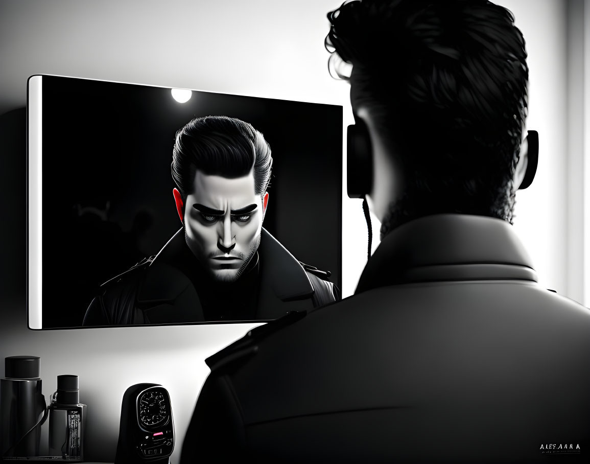 Detailed stylized man's reflection in mirror with animated facial depiction and red backlighting