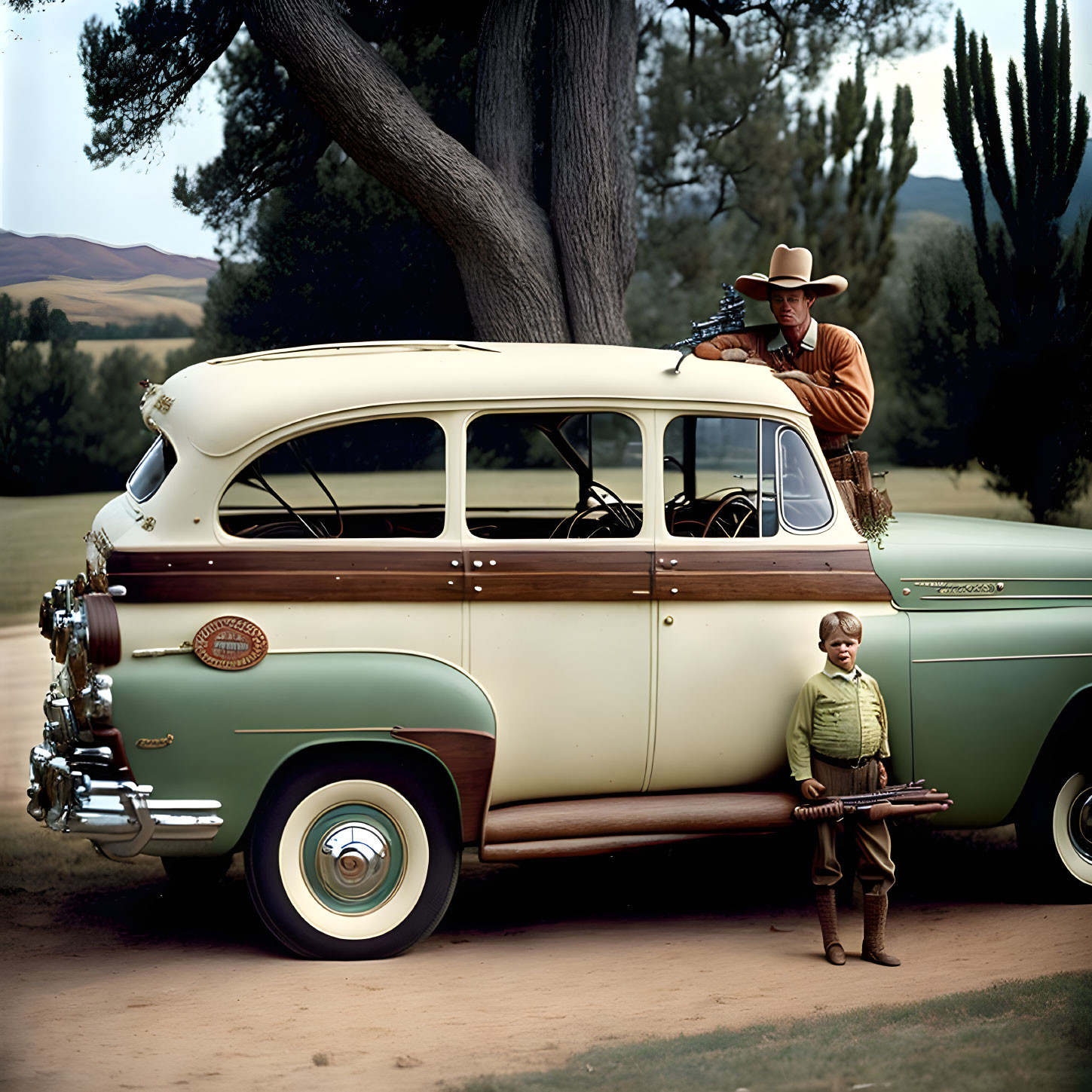 Vintage clothing man and boy with rifles by classic car in grassy field