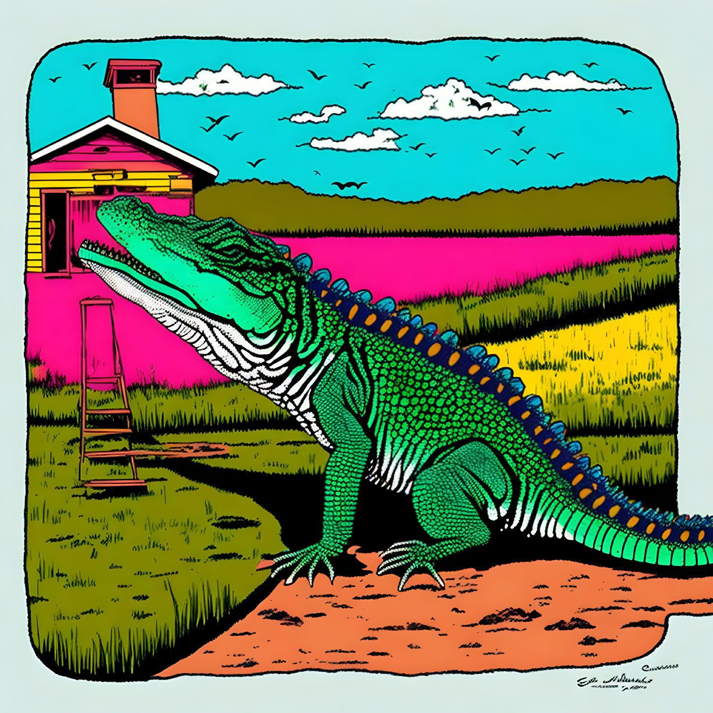 Large green alligator in front of pink house with watchtower under blue sky.