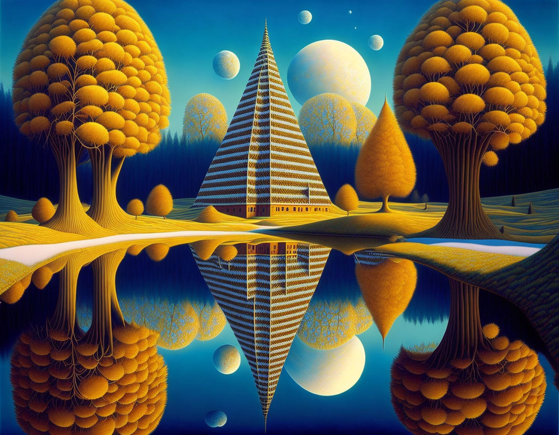 Surreal landscape with pyramid building, yellow trees, moons, and reflective water