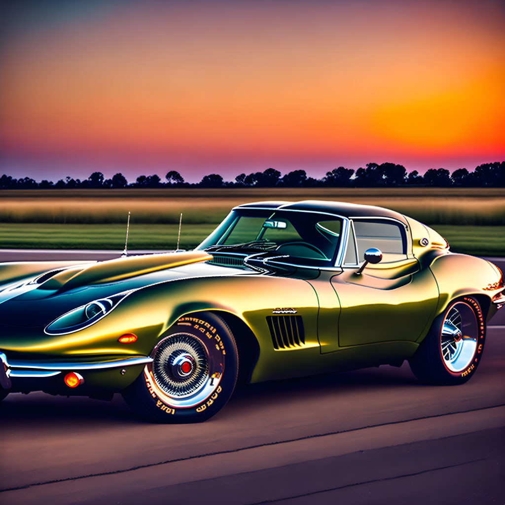 Vintage Sports Car with Chrome Details in Sunset Scene