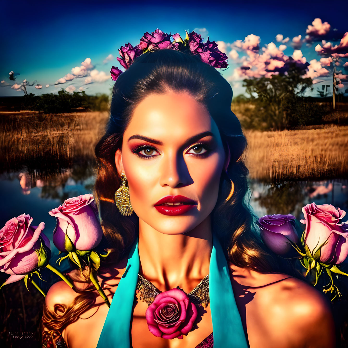 Colorful portrait of woman with flower crown, tattoos, and vibrant makeup against serene waterscape