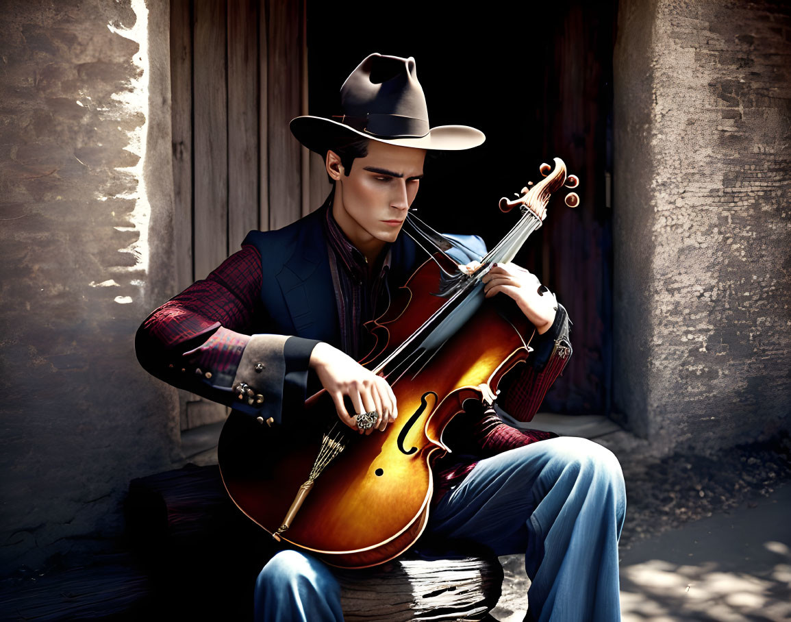 Young man in cowboy hat with cello by rustic building