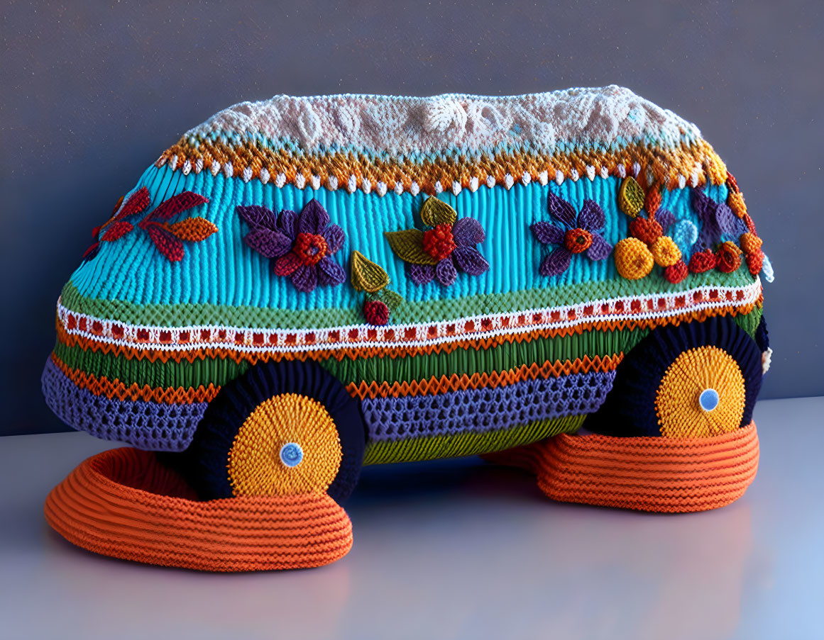 Colorful Crochet-Covered Car Sculpture with Floral Motifs on Grey Background