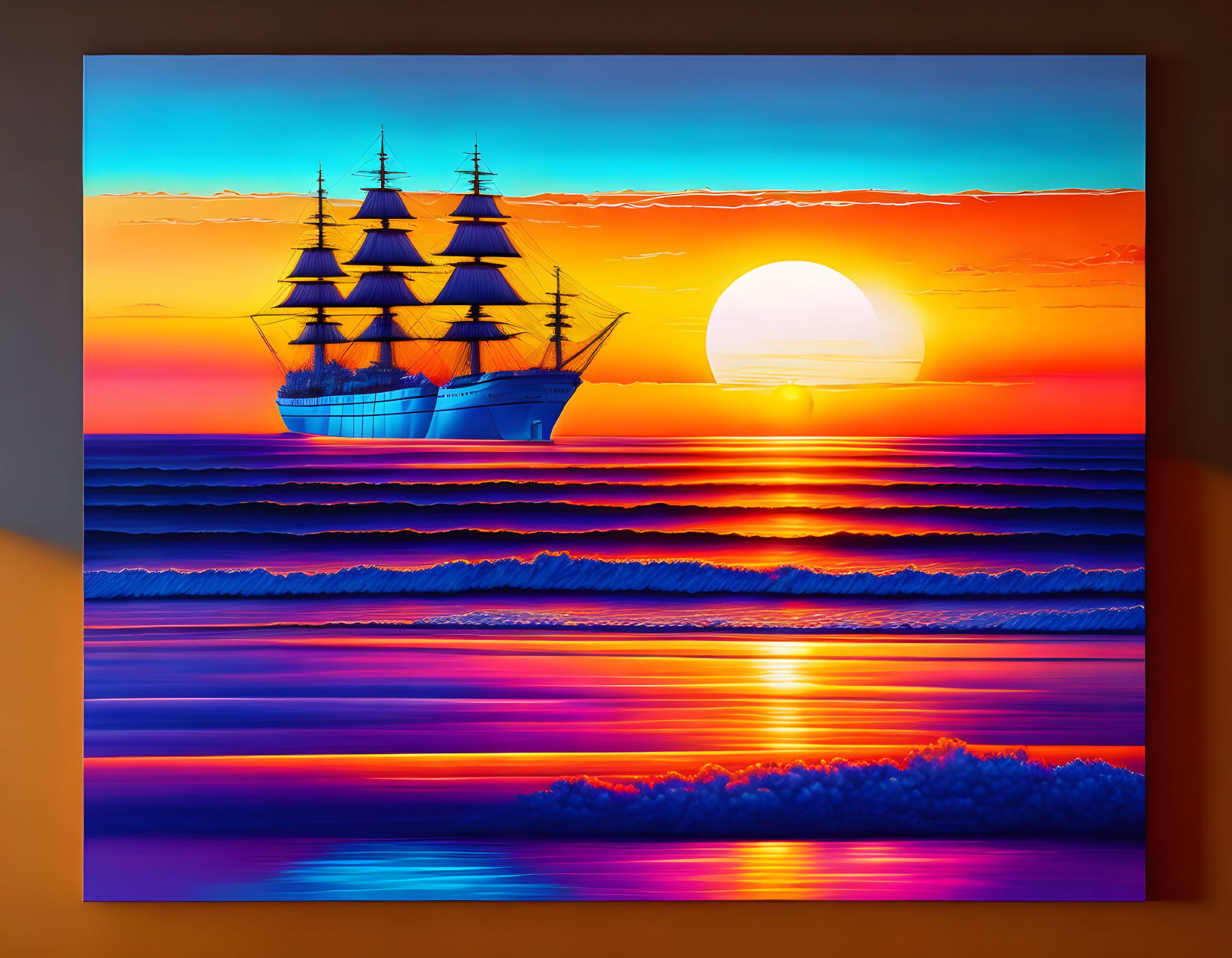 Digital Art: Sailing Ship at Sunset Over Wavy Seas