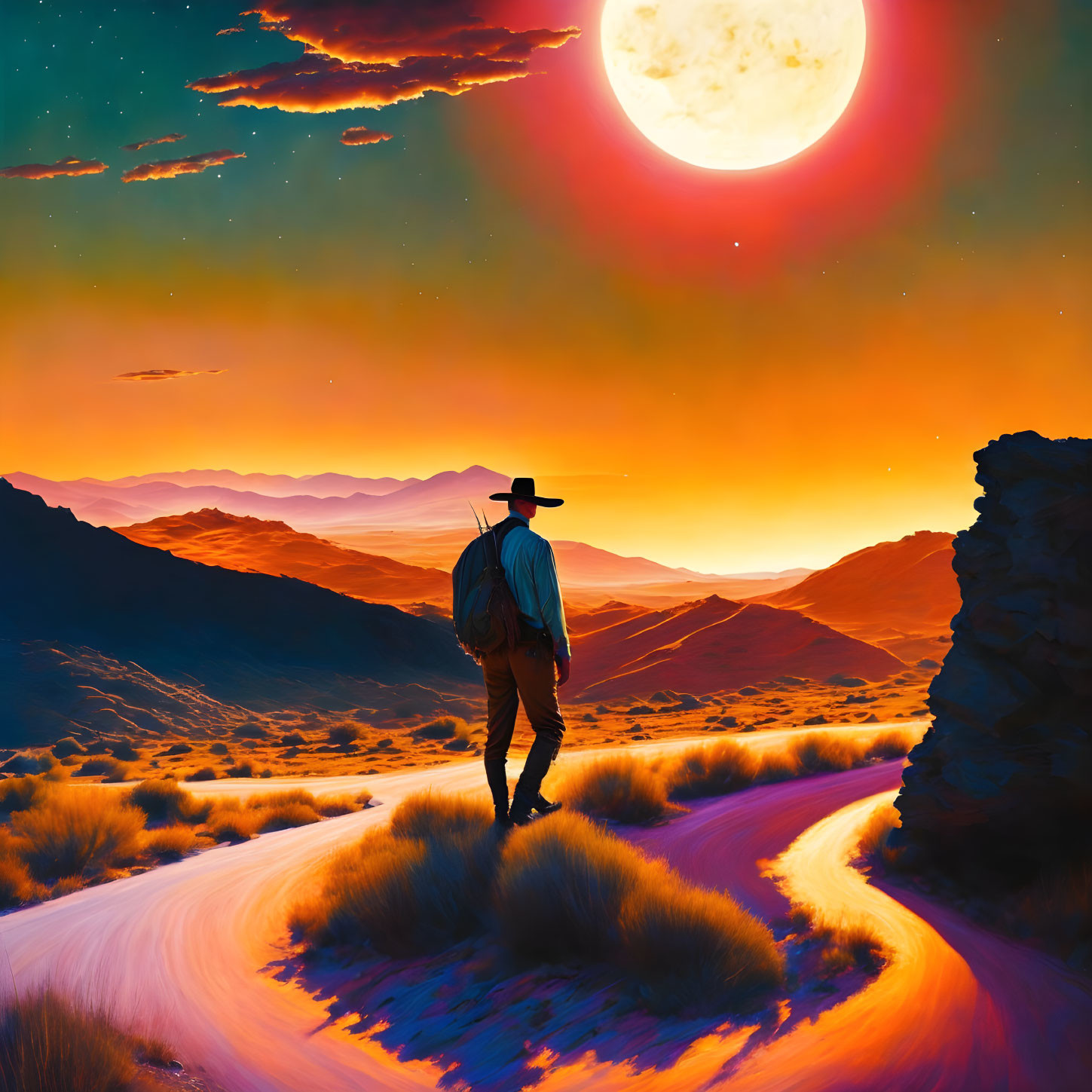 Cowboy walking in desert at sunset with orange skies and red sun.