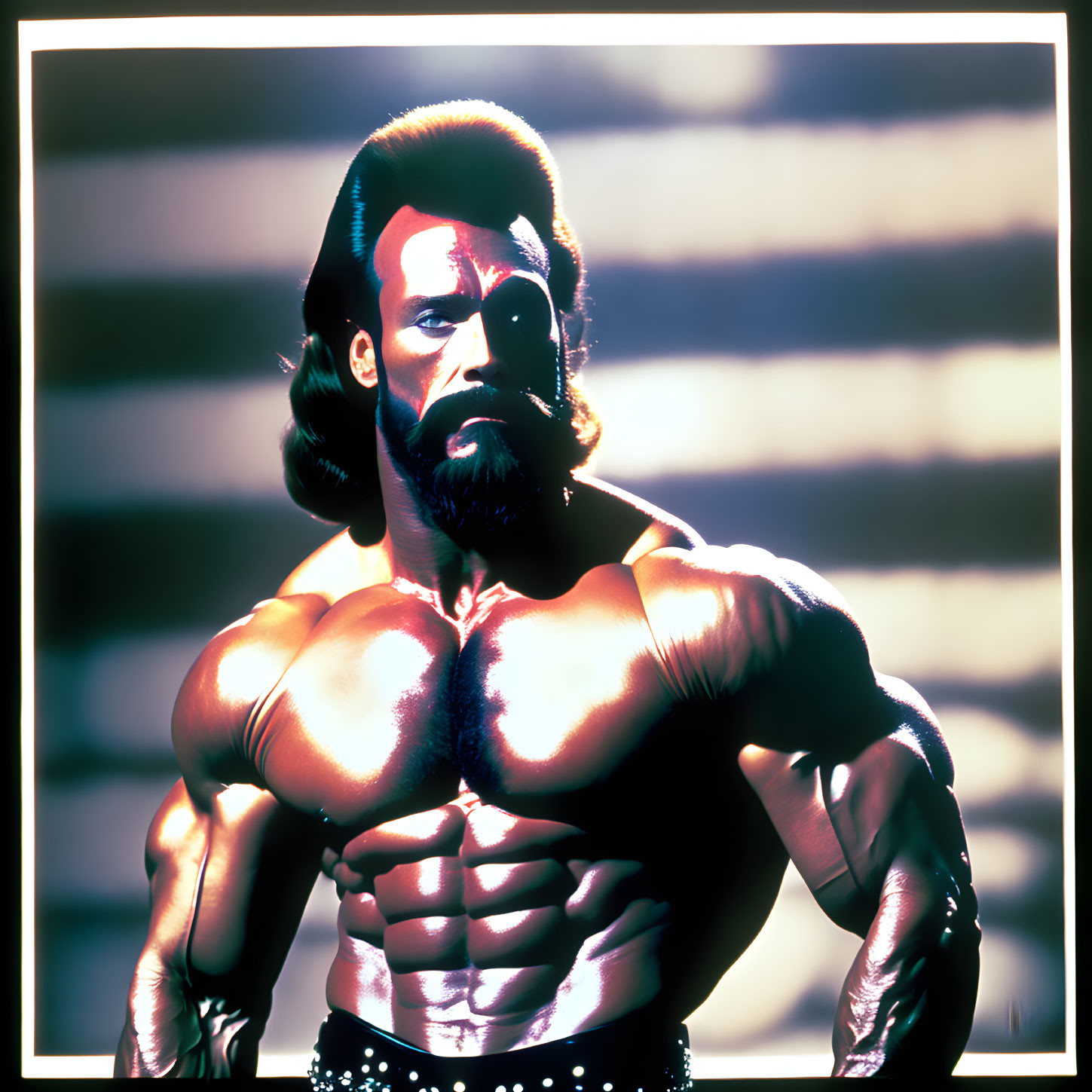 Muscled figure with beard and sideburns in front of dramatic lighting stripes