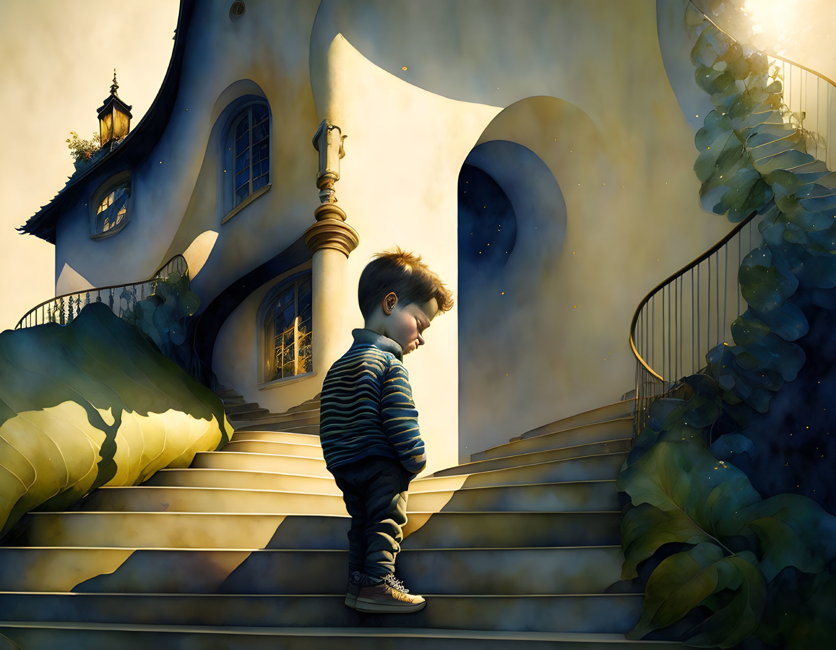 Young boy on whimsical staircase beside curved house under warm light