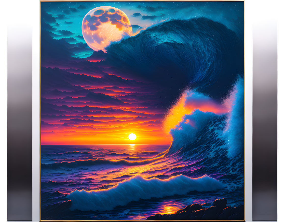 Colorful artwork: Massive wave under sunset sky with large moon