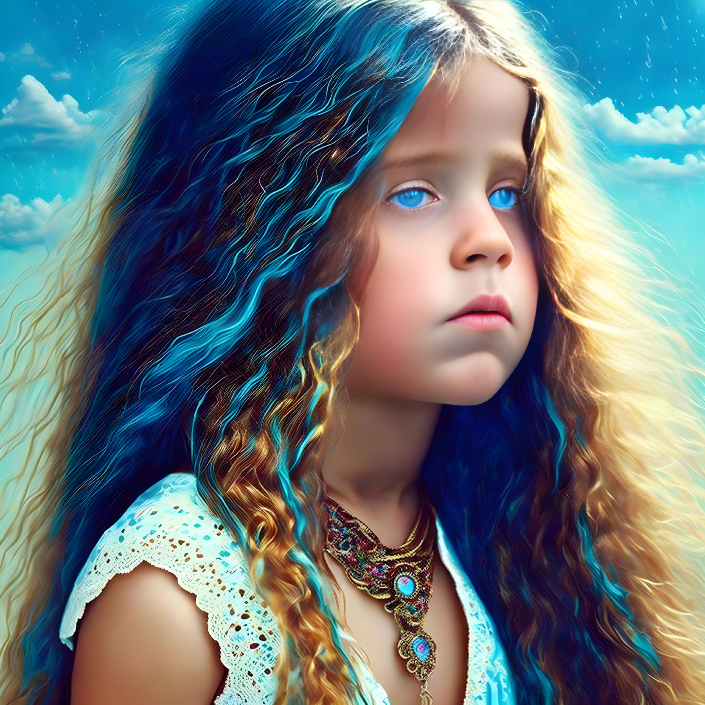 Young girl with wavy hair and blue eyes against cloudy sky backdrop adorned with ornate jewelry.