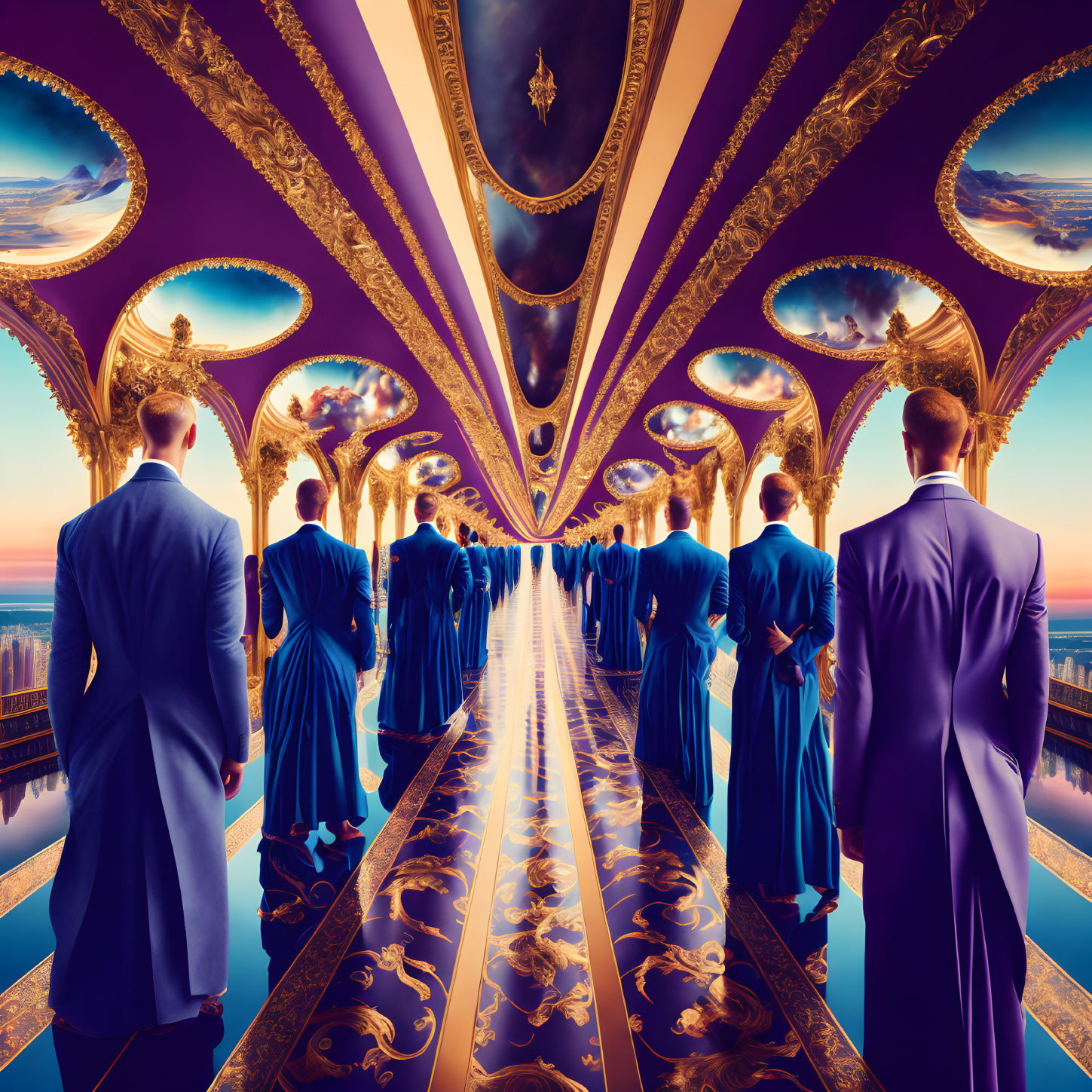 Surreal image: Men in blue suits in ornate mirrored corridor overlooking coastal sunset