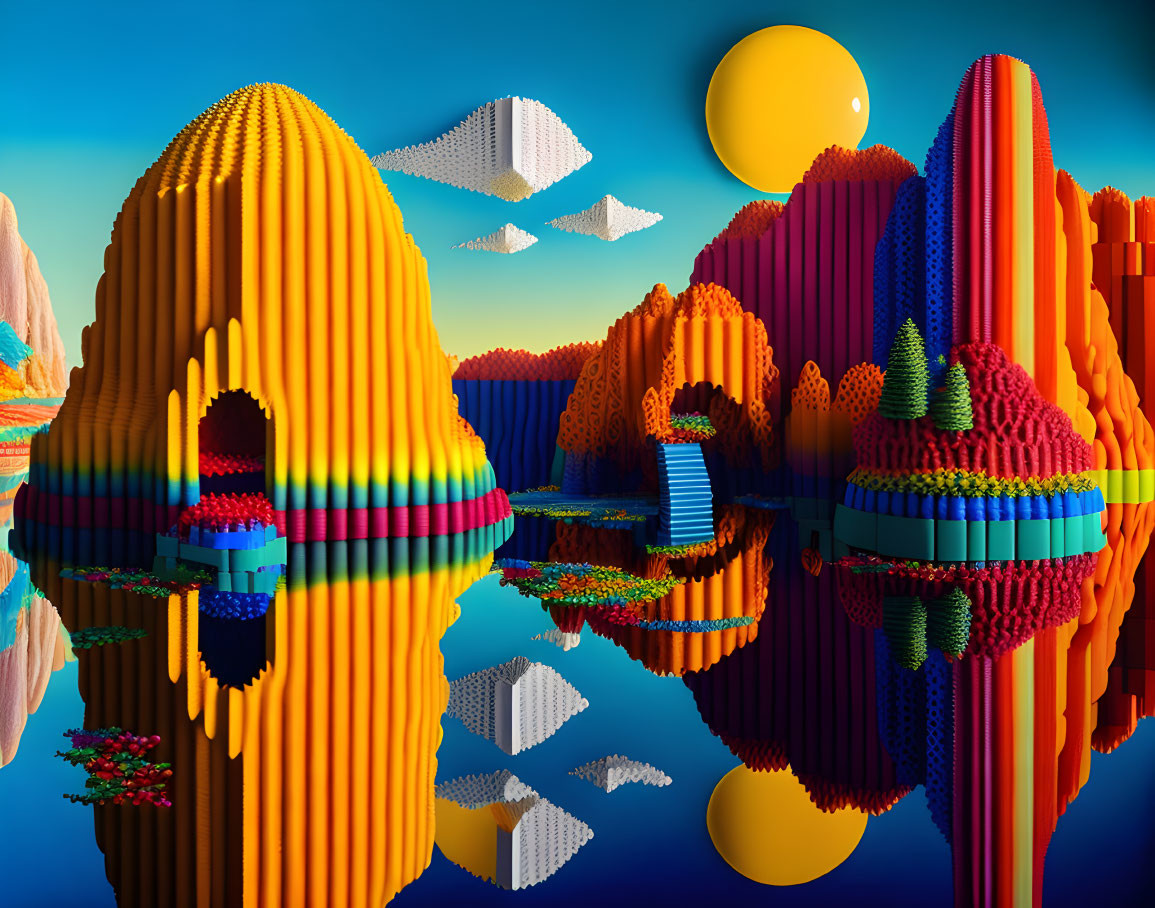 Colorful Lego-like structures mirrored on water in surreal landscape