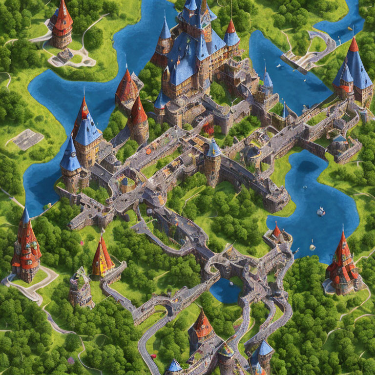 Fantasy medieval castle with spires, moat, bridges, and towers