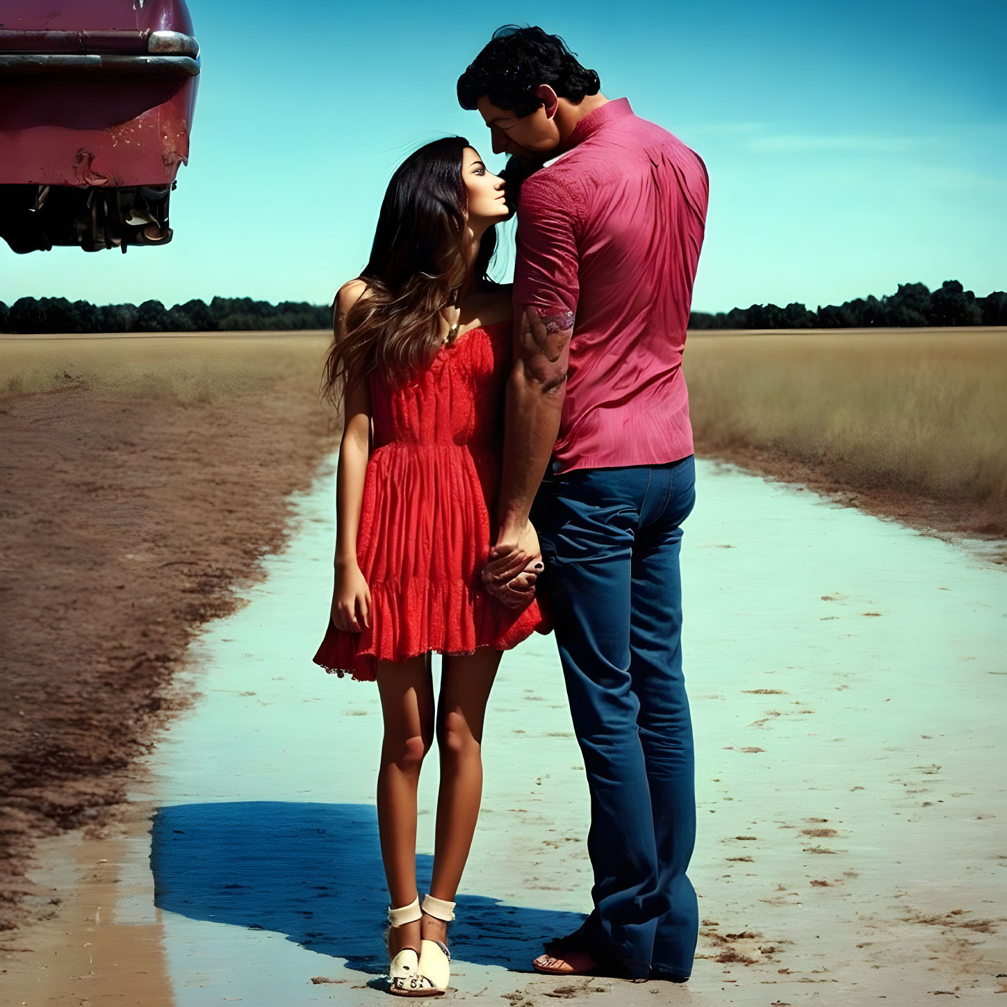 Couple in red clothing embraces on deserted road with car bumper visible