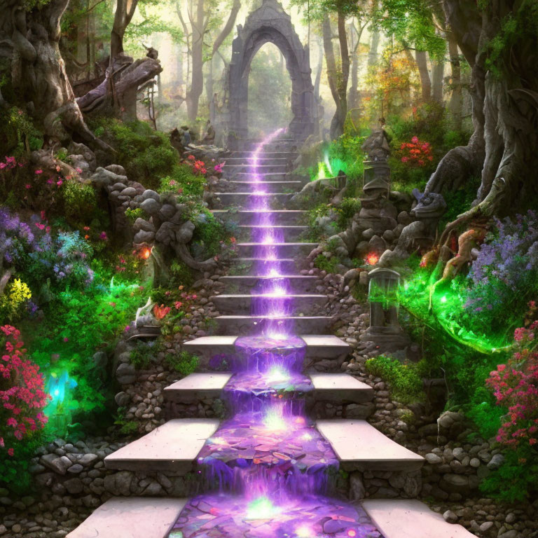 Mystical forest pathway with ancient arch gateway and glowing purple steps