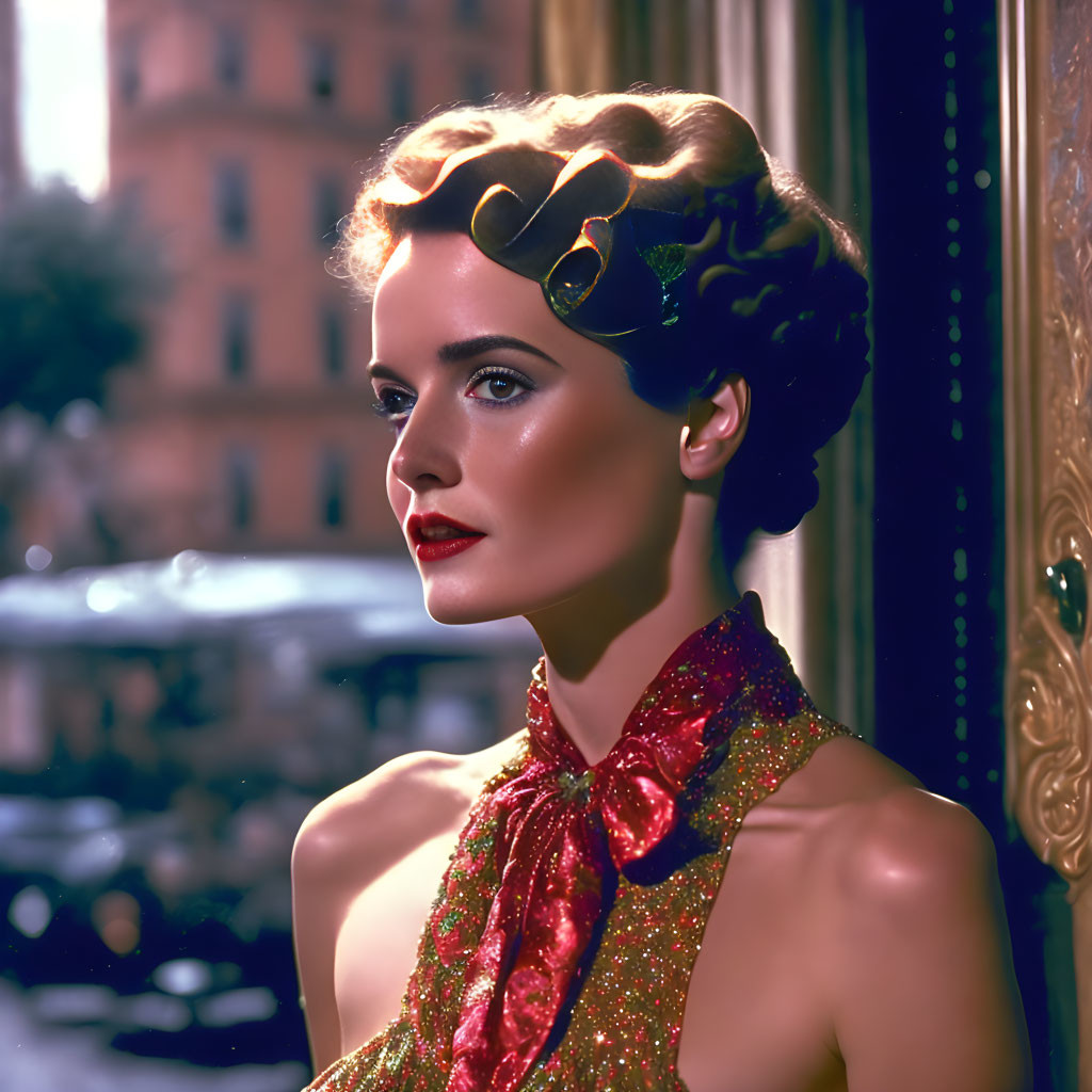 Styled Hair Woman in Colorful Scarf with City Backdrop