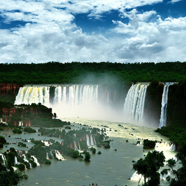 Majestic waterfalls in lush greenery under partly cloudy sky