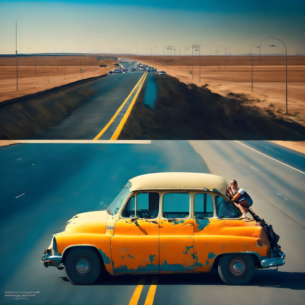 Vintage Yellow Car with Surfboard and Person Driving on Empty Highway