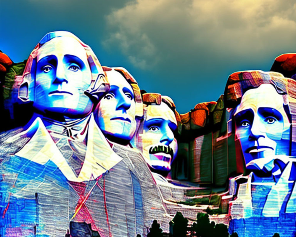 Vibrant digitally altered Mount Rushmore with blue and red overlay