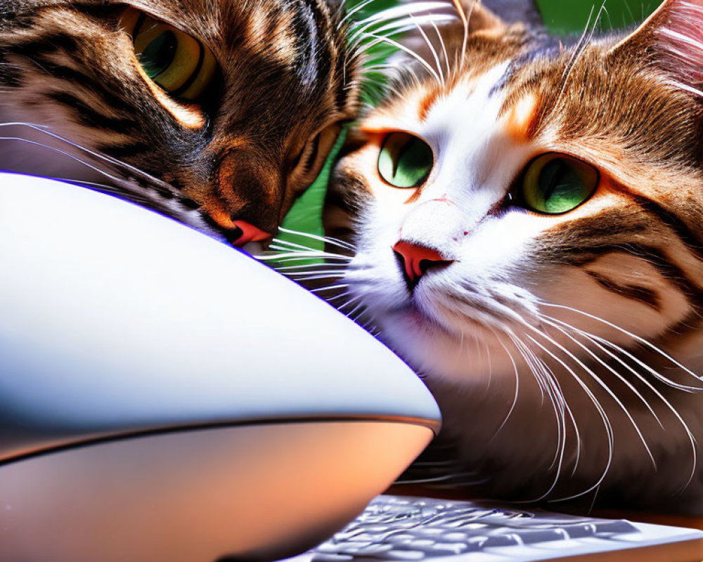 Curious cats inspect computer mouse on desk with keyboard.