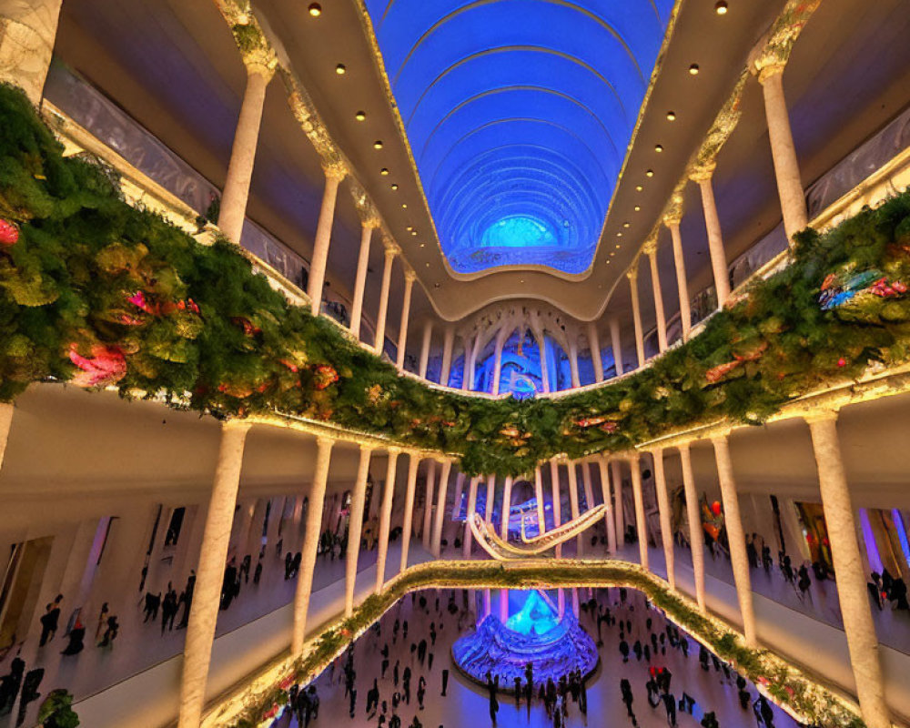 Grand Building Interior Adorned with Festive Lights and Garlands