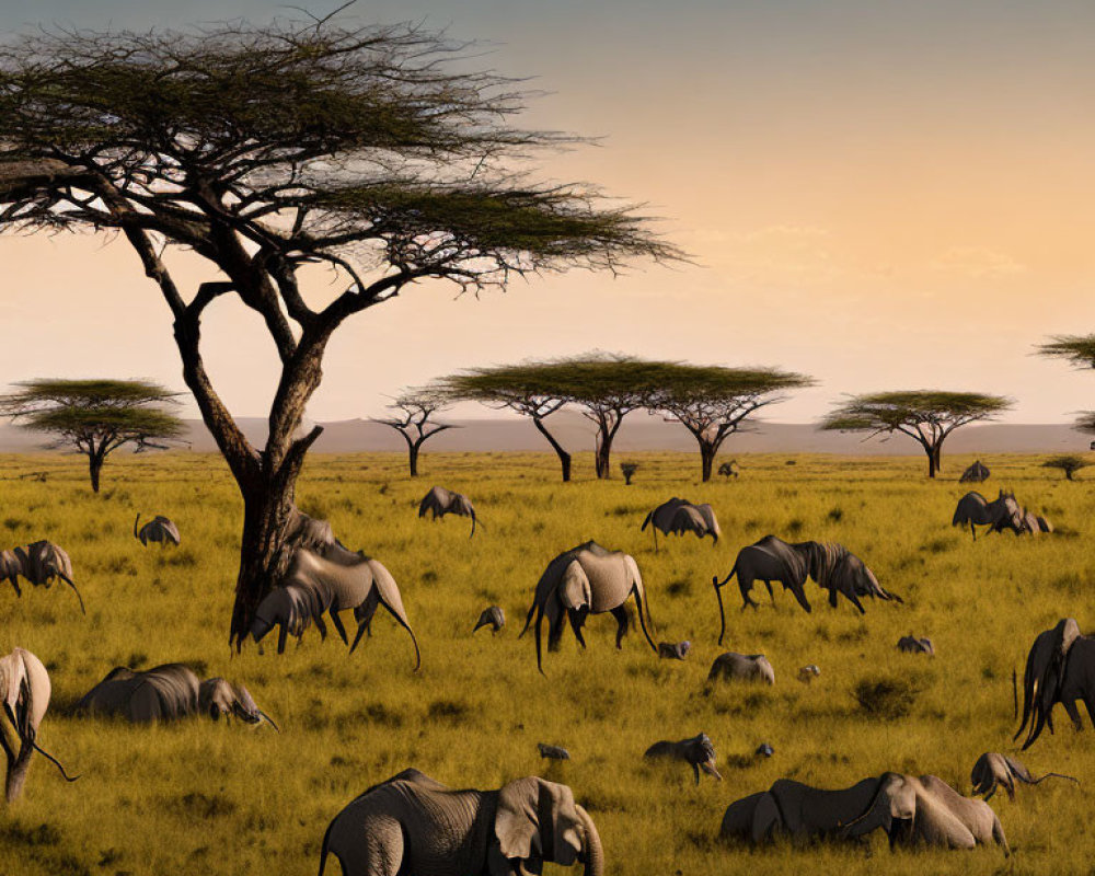 Elephants grazing in savanna with acacia trees and flying bird