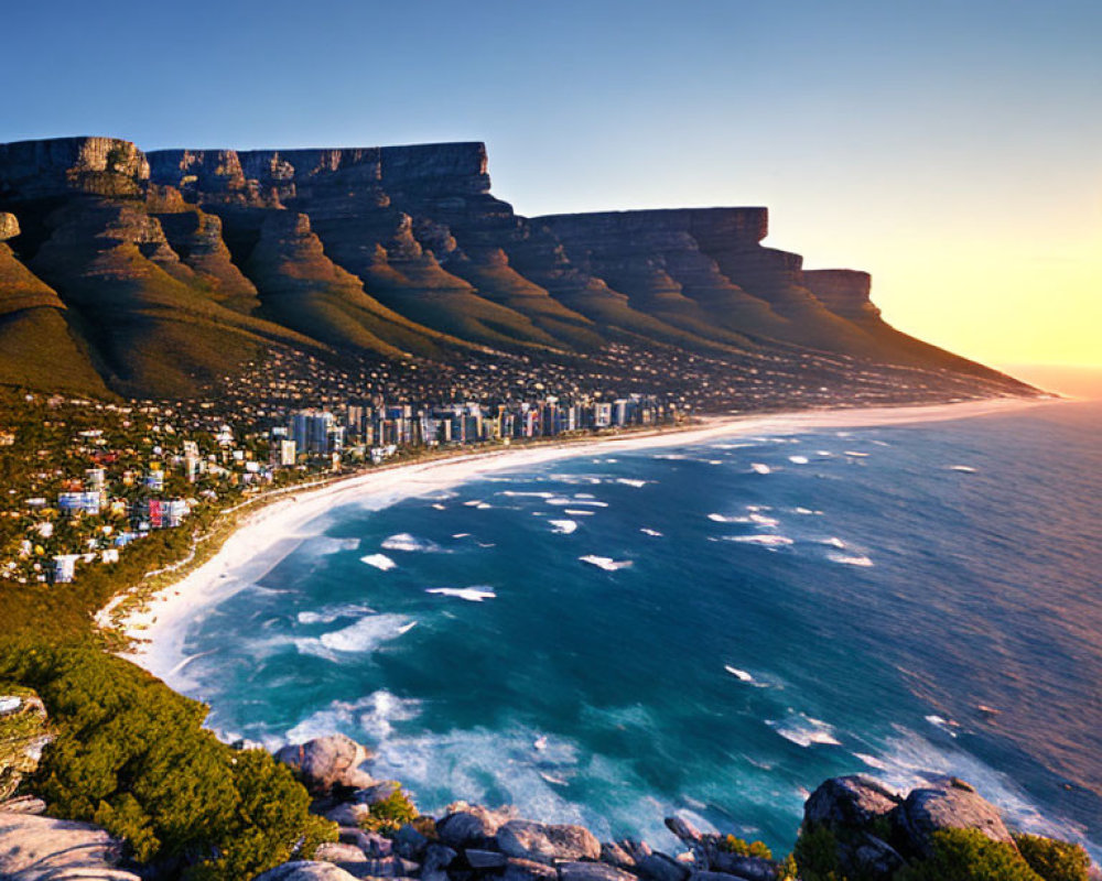 Coastal City Sunrise with Table Mountain and Curved Shoreline