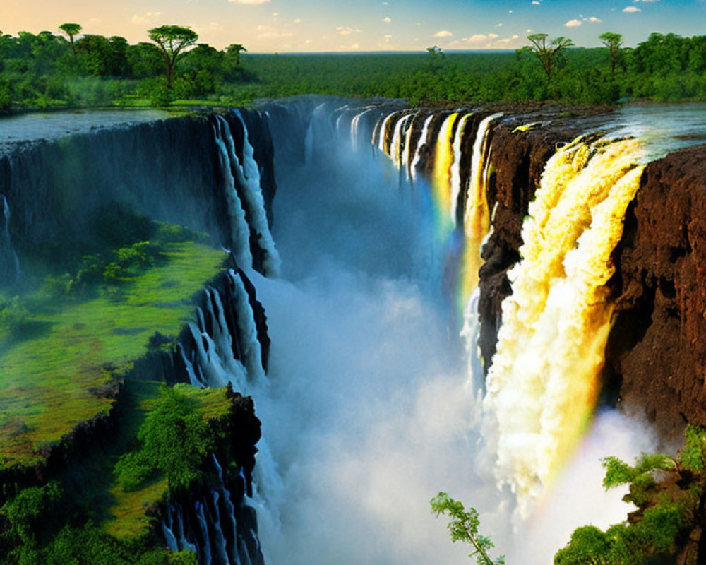 Scenic waterfall with lush greenery and hot air balloon in the background