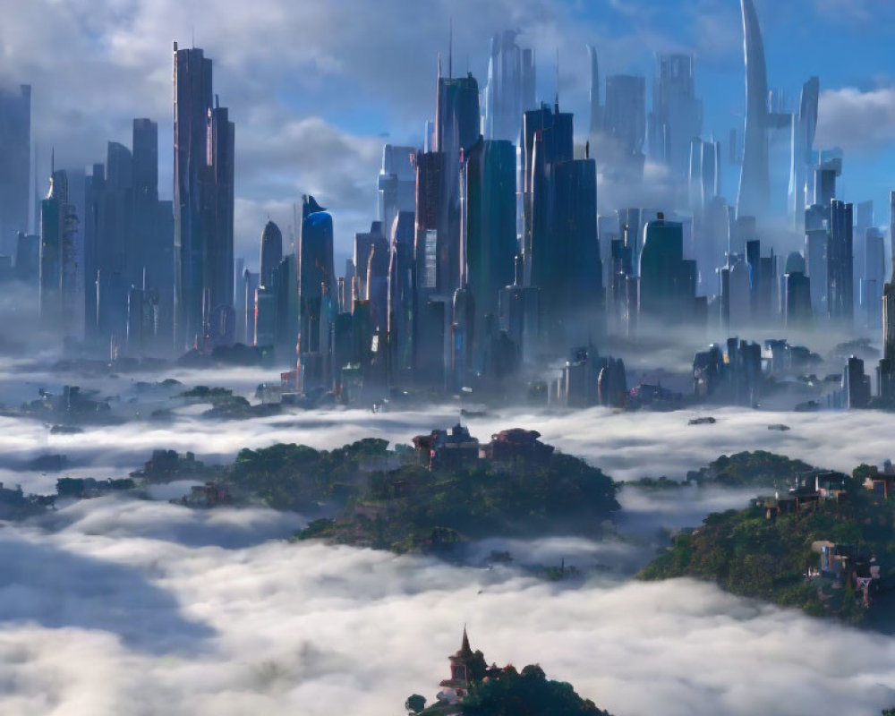 Futuristic cityscape with towering skyscrapers and greenery