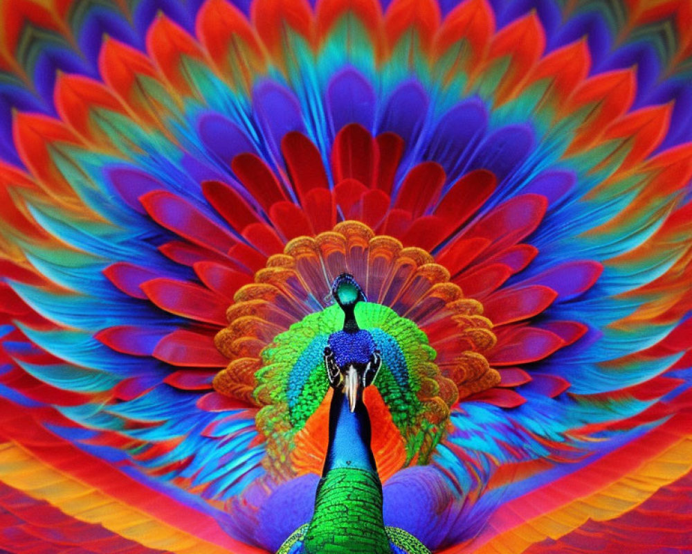 Vivid peacock tail feathers in blue, green, red, and orange fan formation