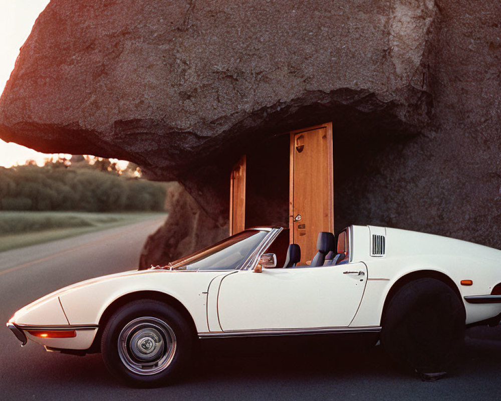 White sports car parked under large rock at sunset.