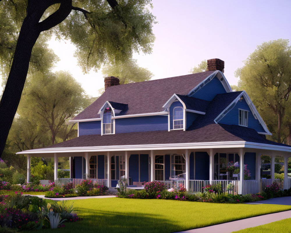 Blue suburban house with white trims, porch, garden, and trees in sunlight