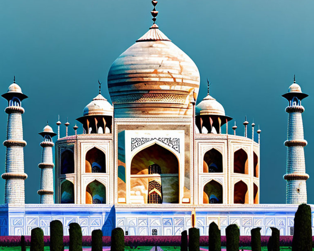 White Marble Taj Mahal Mausoleum with Ornate Minarets and Greenery