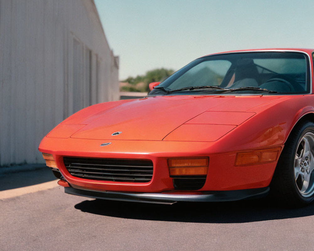 Red Sports Car with Pop-Up Headlights Parked Next to White Building