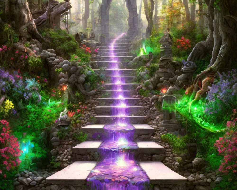 Mystical forest pathway with ancient arch gateway and glowing purple steps