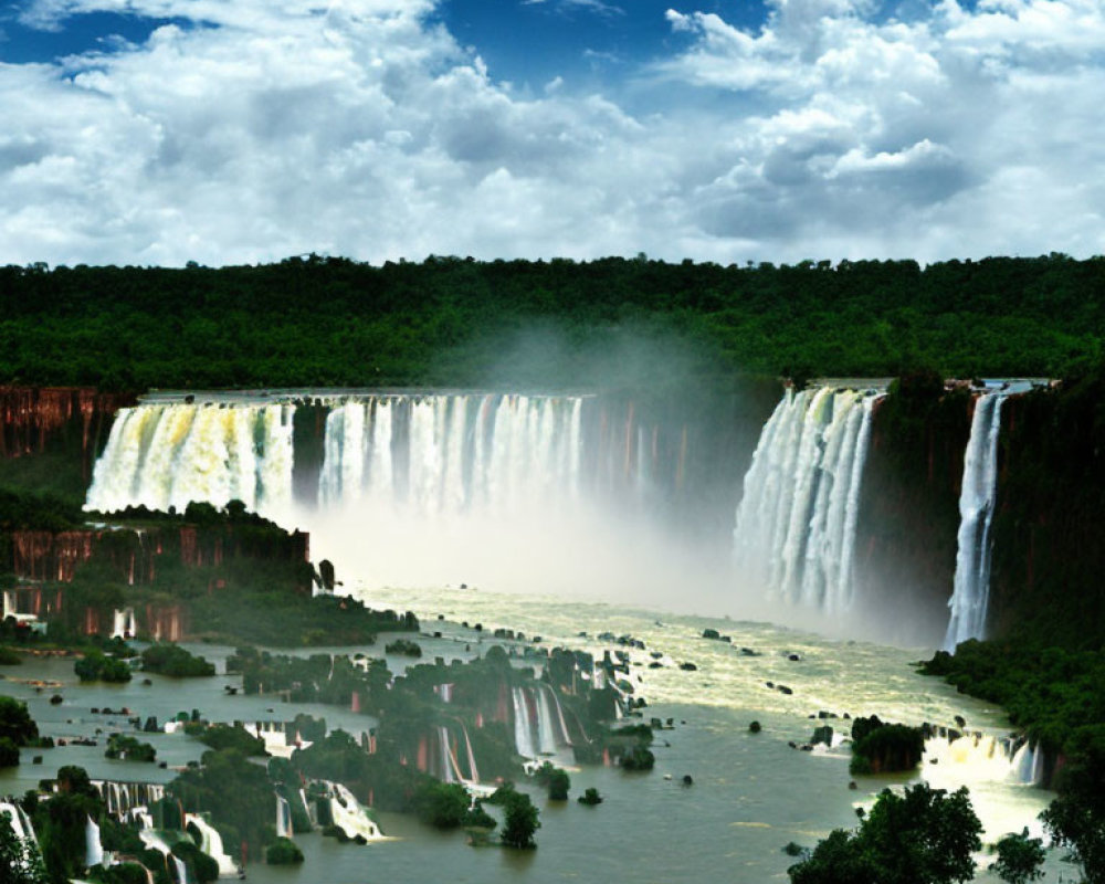 Majestic waterfalls in lush greenery under partly cloudy sky