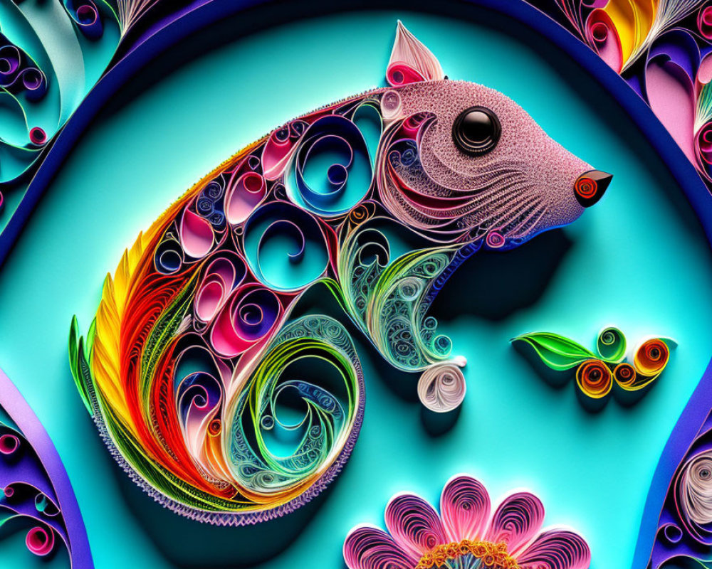 Colorful Abstract Rat Paper Art with Floral Quilling Design