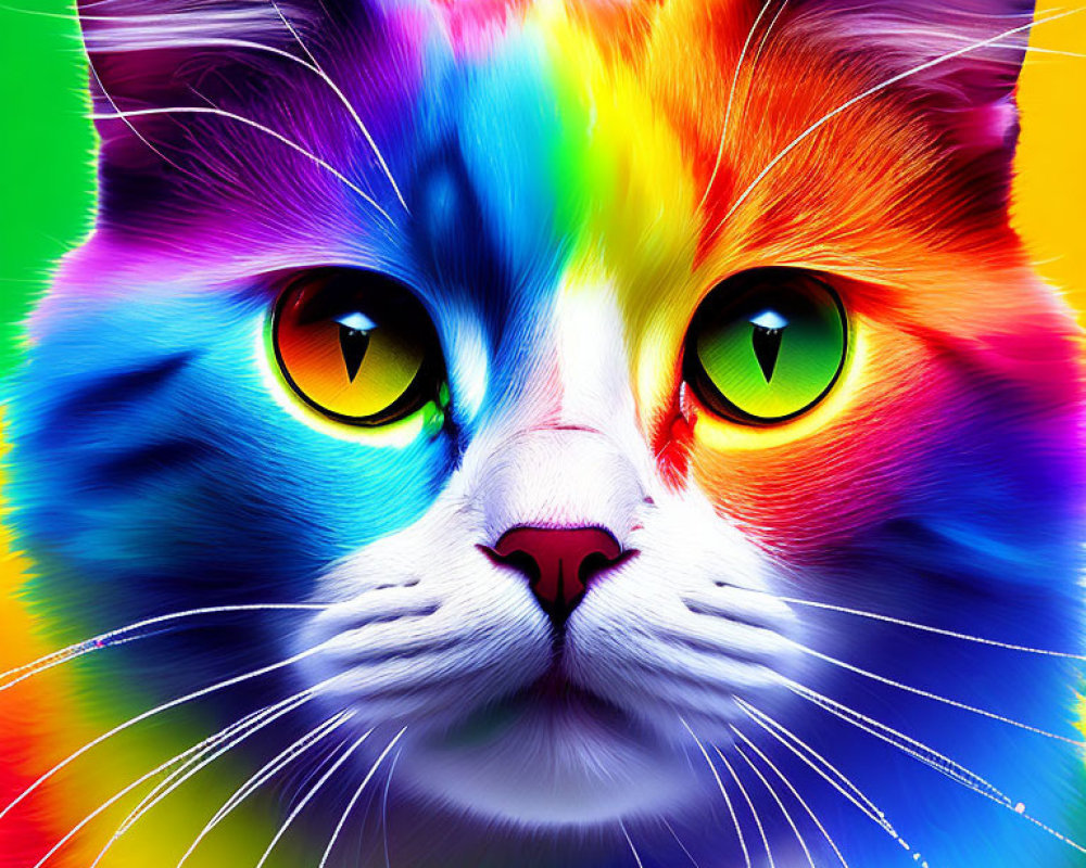 Colorful Digital Art: Rainbow Cat with Yellow Eyes