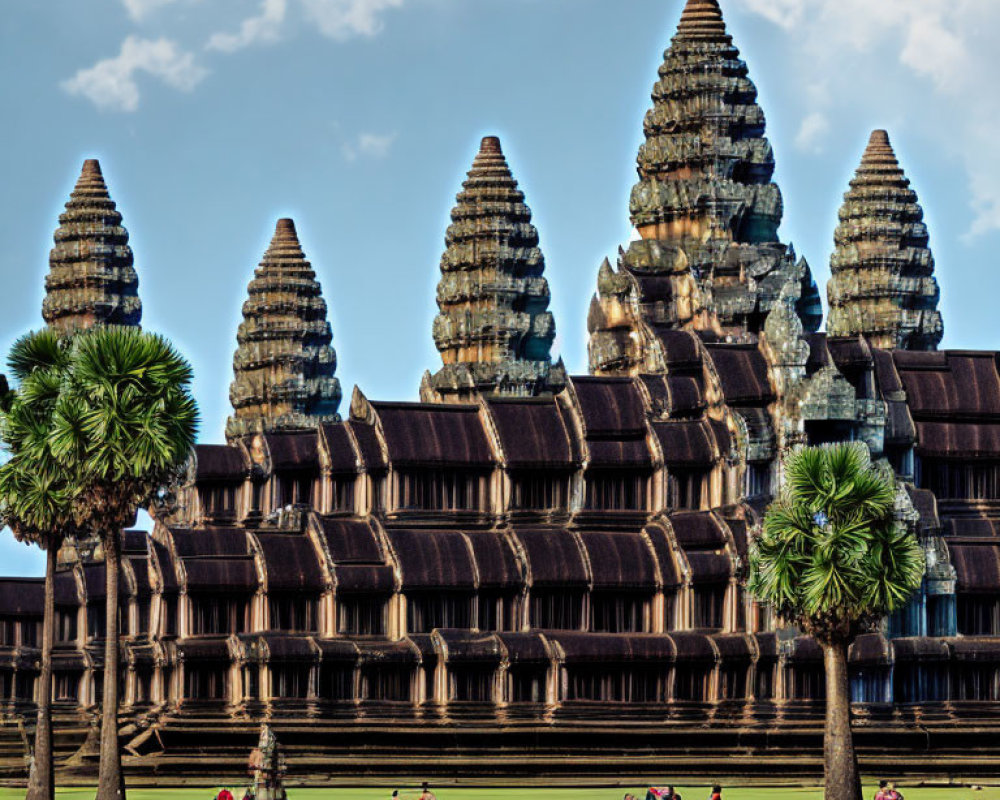 Iconic Angkor Wat Temple Surrounded by Trees and Tourists