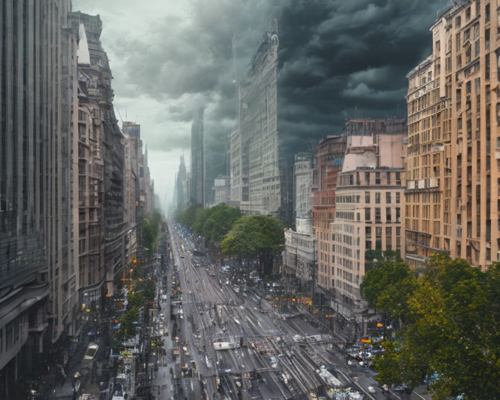Bustling city street with towering buildings under stormy sky