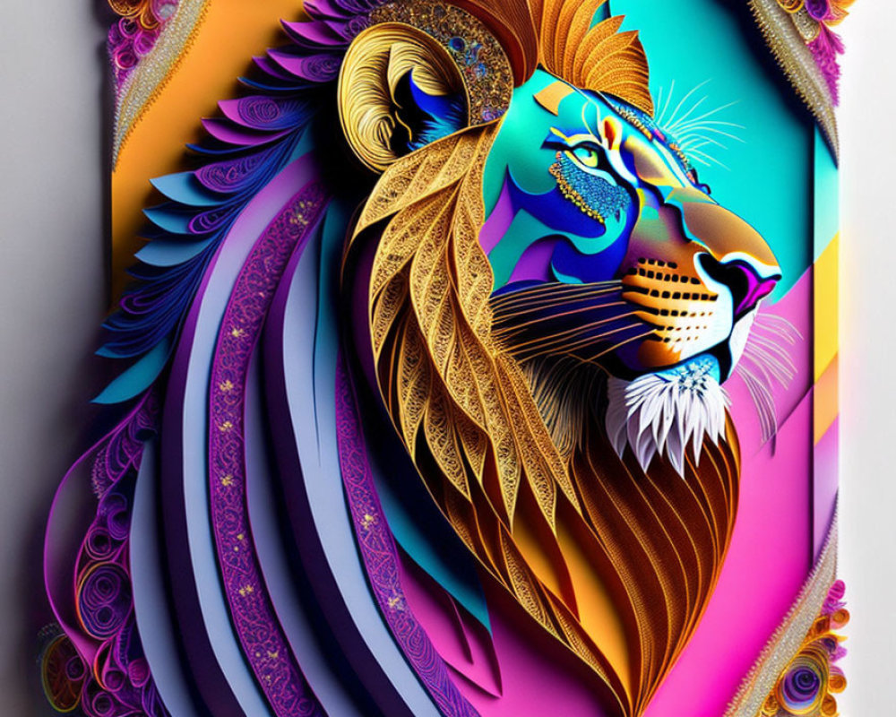 Colorful Stylized Lion Artwork with Multicolored Mane