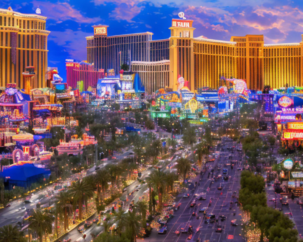 Vibrant Las Vegas Strip at Twilight with Illuminated Casino Resorts