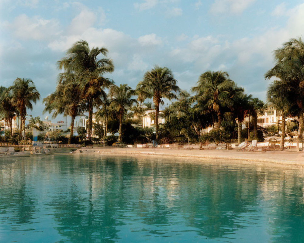 Tranquil Tropical Resort with Palm Trees and Reflective Pool