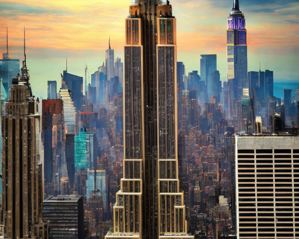 Iconic New York City skyline featuring Empire State Building at sunset