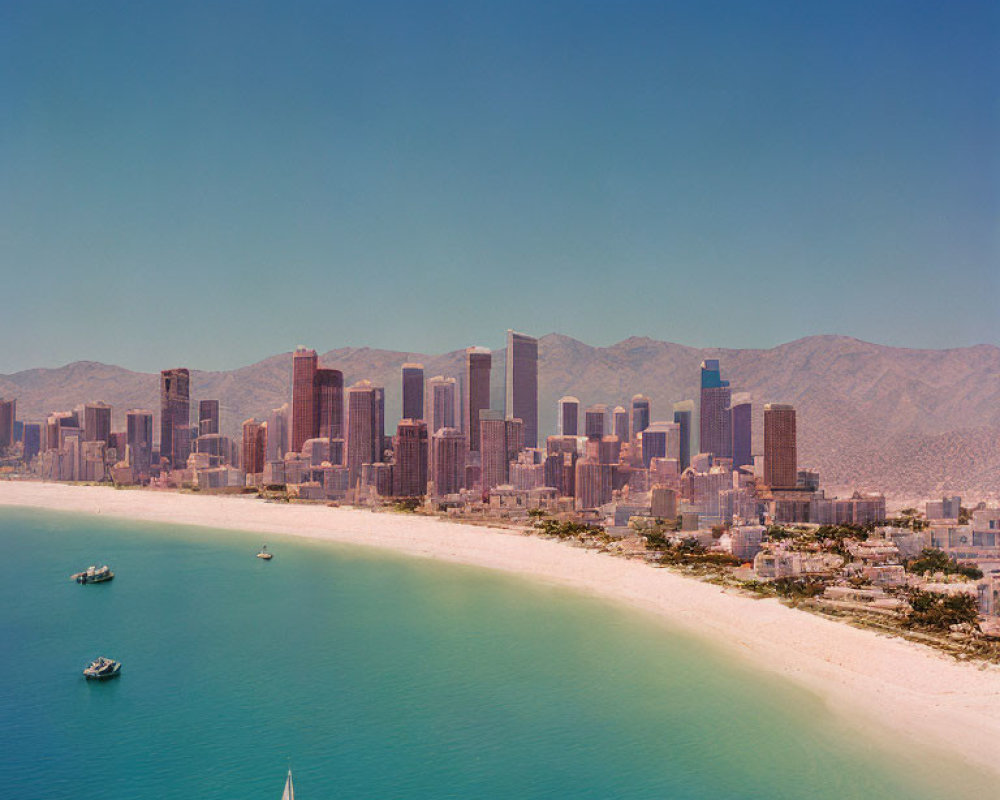 City skyline with skyscrapers, mountains, boats, and blue sky.