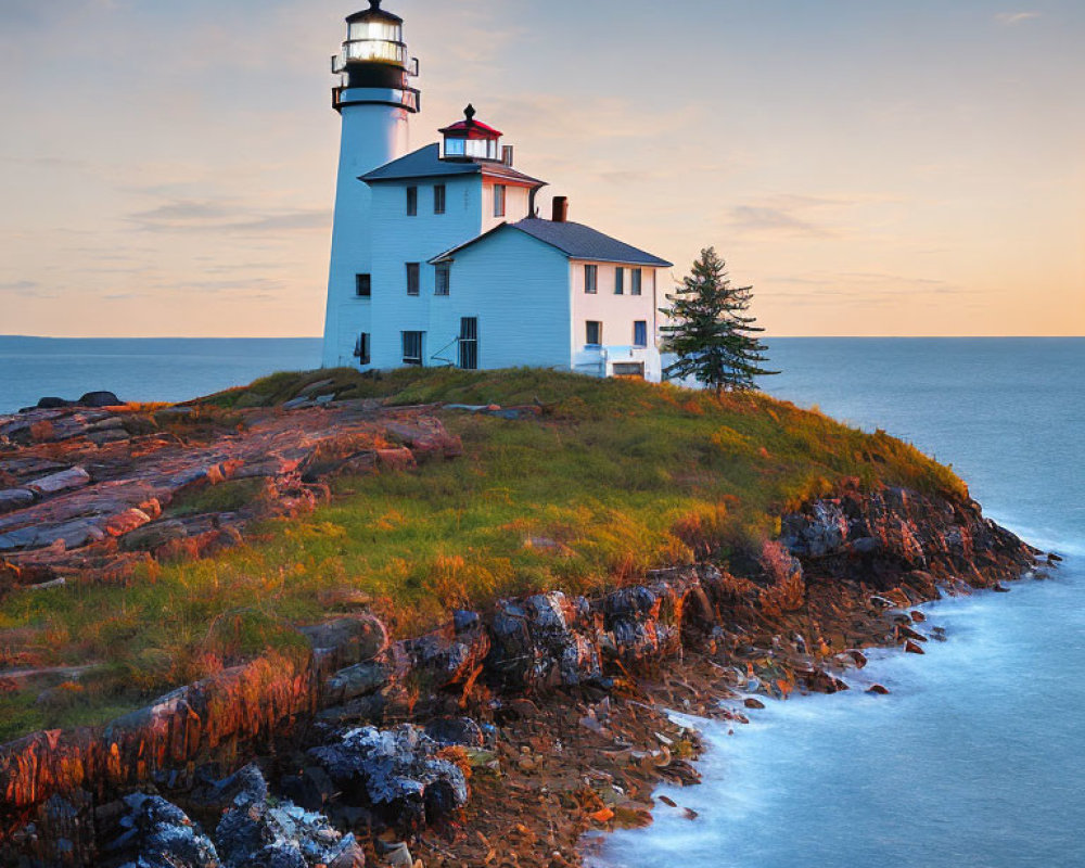 Scenic lighthouse on rocky promontory at dusk